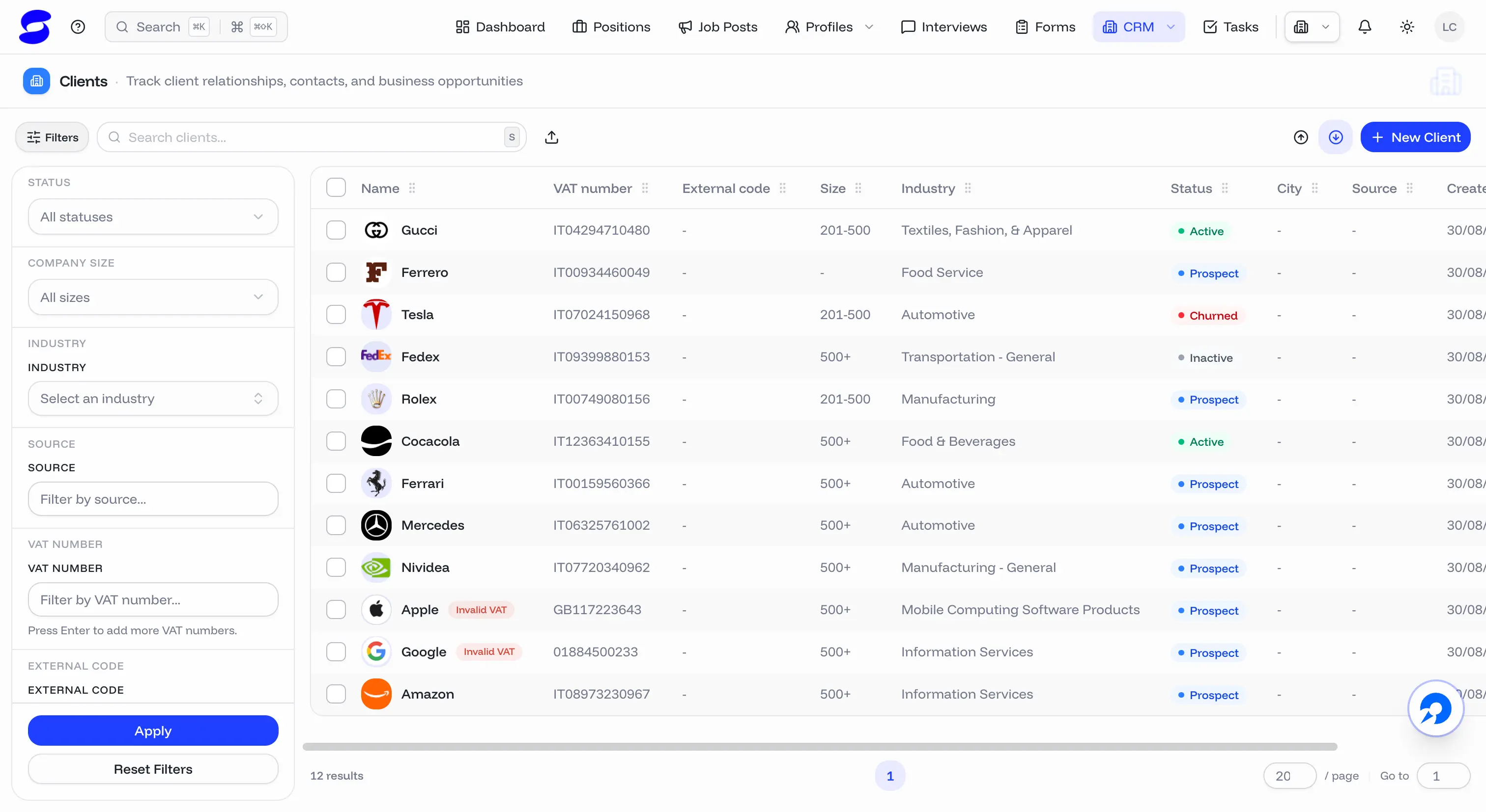 Client company record in the staffing agency CRM