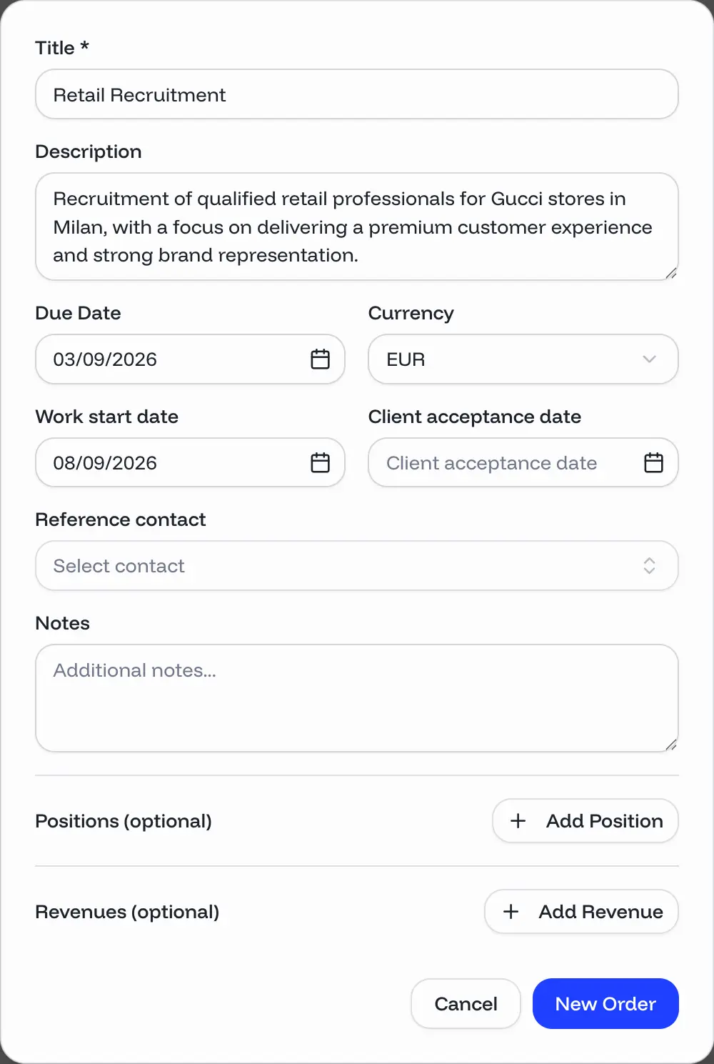 Detail view of a recruiting engagement for a staffing agency