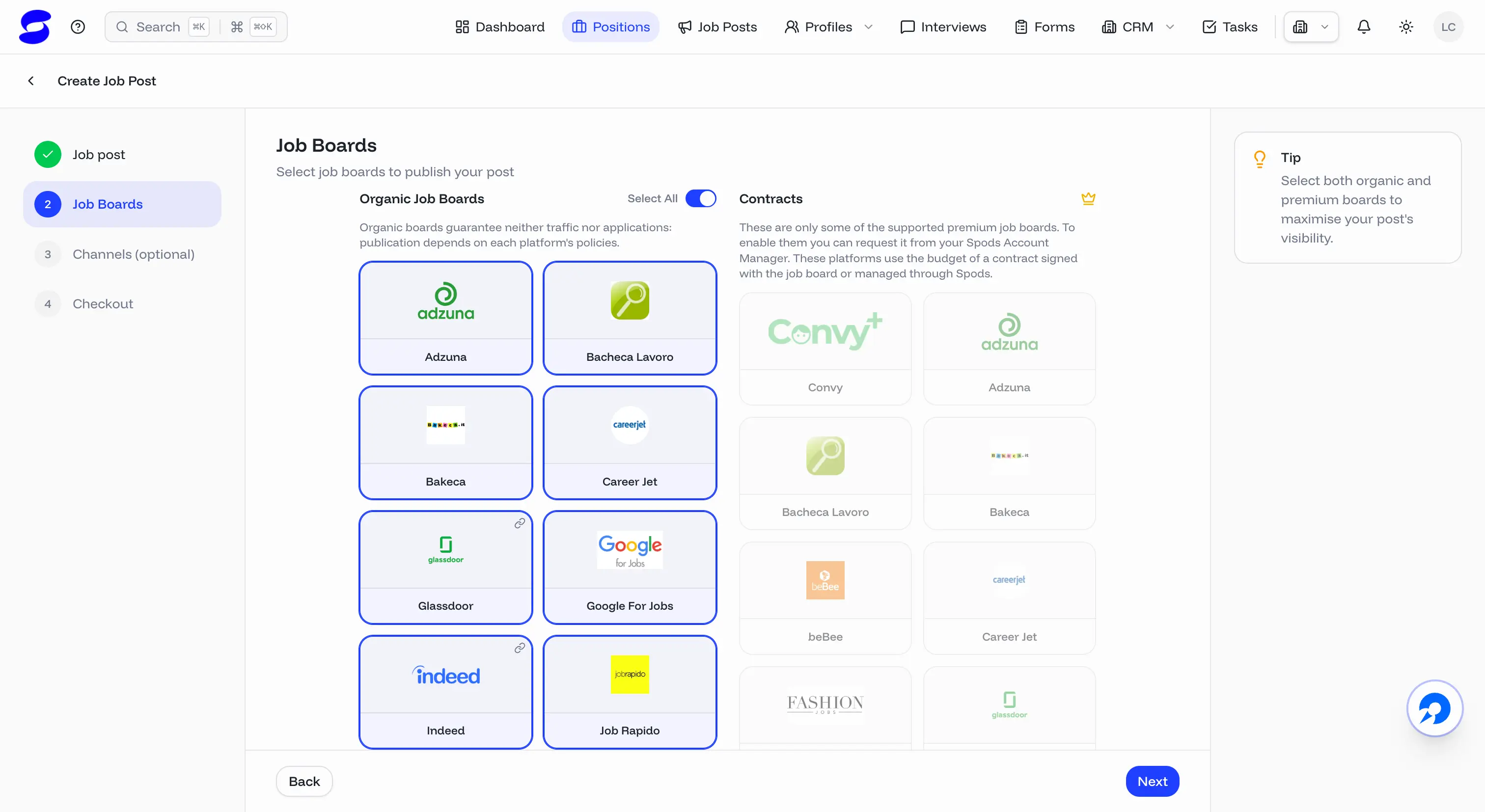 Spods dashboard for publishing a job post across hundreds of channels